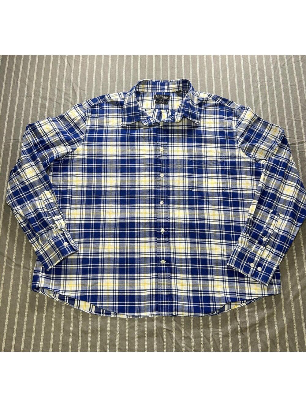 Ralph Lauren Men's XXL Blue and Yellow Plaid Button Down Shirt
